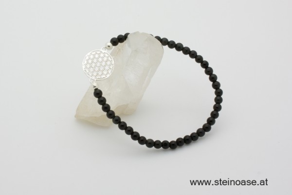 Armband Onyx + Blume d.Lebens, Silber, 4mm
